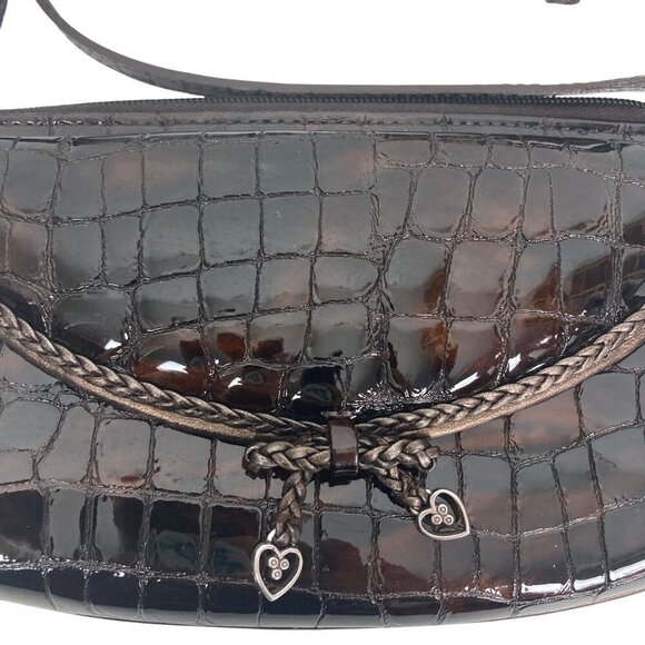 Brighton Croc Embossed Patent Leather Brown Cross Body Bag Converts To Clutch - Picture 3 of 10